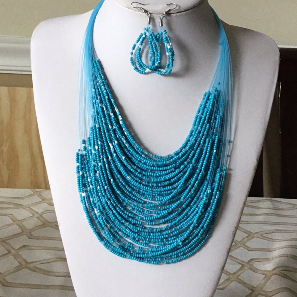 Layers turquoise glass seed bead necklace earring